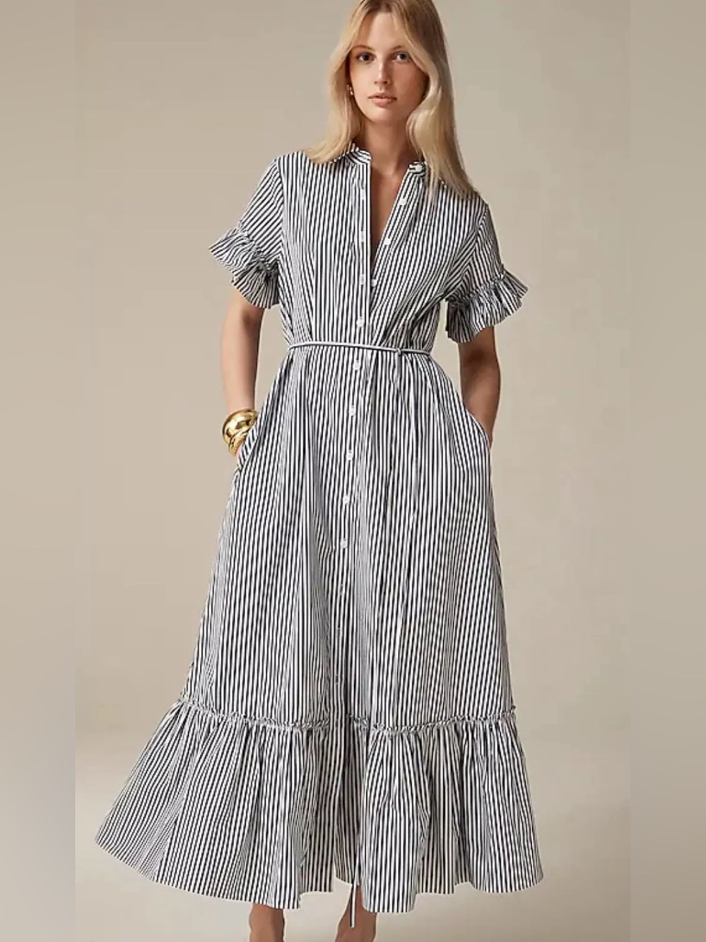 J.Crew Amelia Striped Cotton Poplin Maxi Shirt Dress Navy White Size Medium